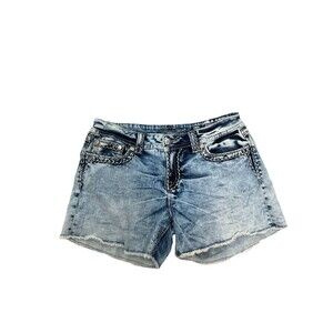Miss Me Jeans Signature Shorts Embellished Blinged Pockets Frayed Hem 31 Denim